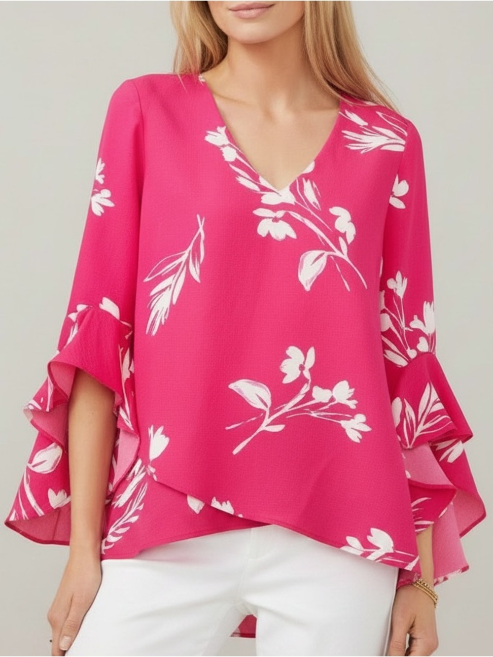 NWT VINCE CAMUTO Pink & White Floral V-Neck Cascading Sleeve Blouse Size X-Large
